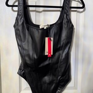 Popilush Black Faux Leather Bodysuit w/ lace detail.